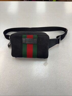 Gucci Black Canvas Belt Bag with Green and Red Web Stripe